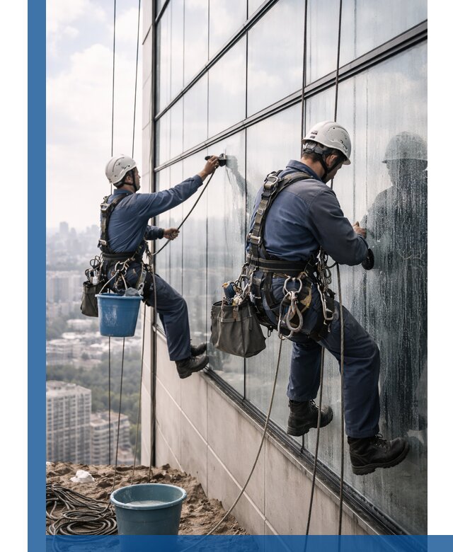 Профессиональная мойка фасадных окон альпинистами в Перми