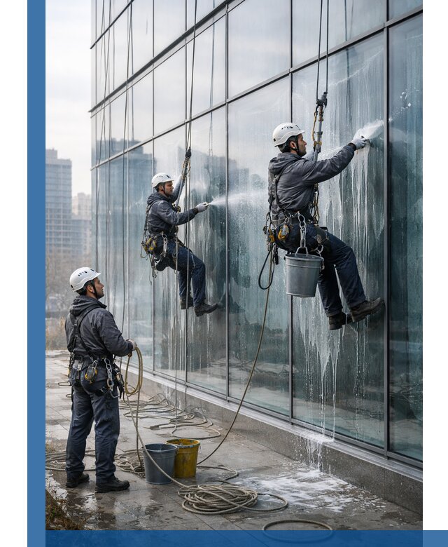 Промышленная мойка панорамных окон на высоте в Перми