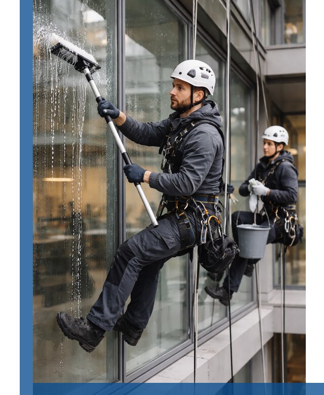 Профессиональная мойка витражей промышленными альпинистами в Перми