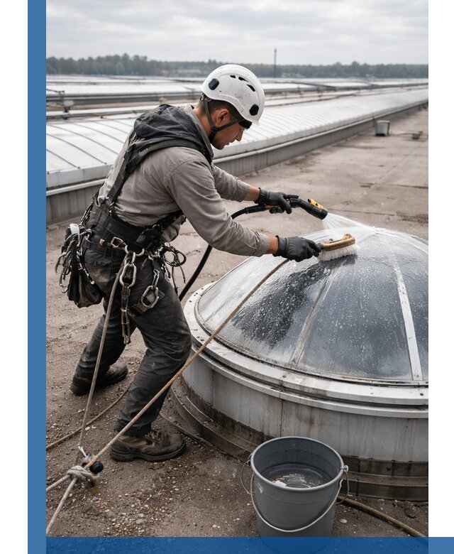 Мойка зенитных фонарей на кровле для промышленных объектов в Перми