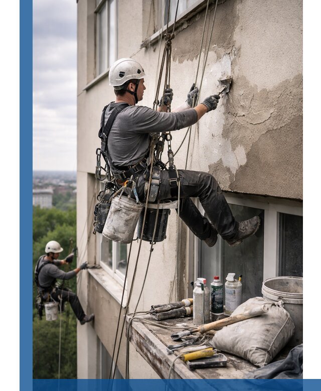 Косметический ремонт фасада зданий в Перми промышленными альпинистами