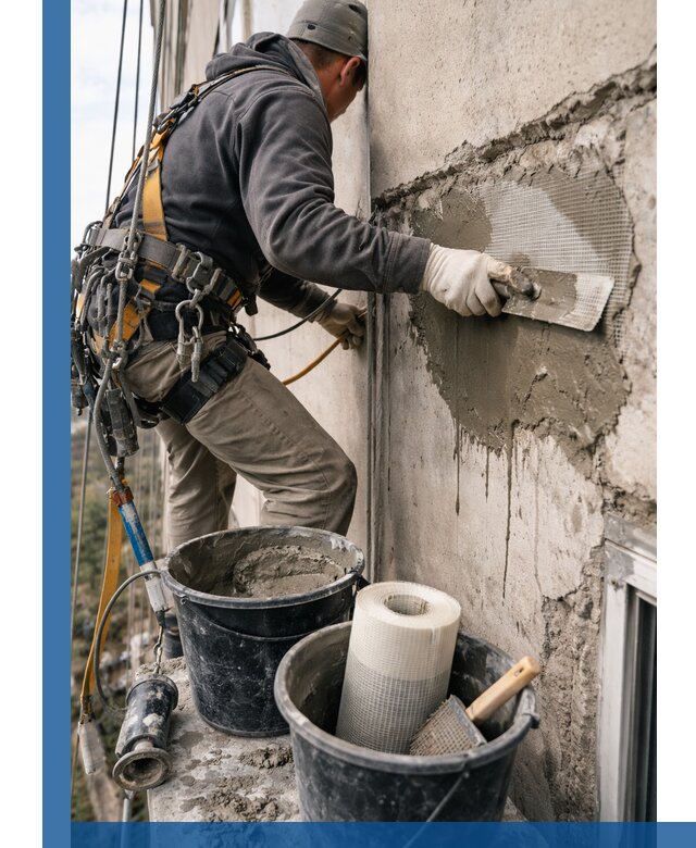 Ремонт бетонных элементов фасада промышленными альпинистами в Перми