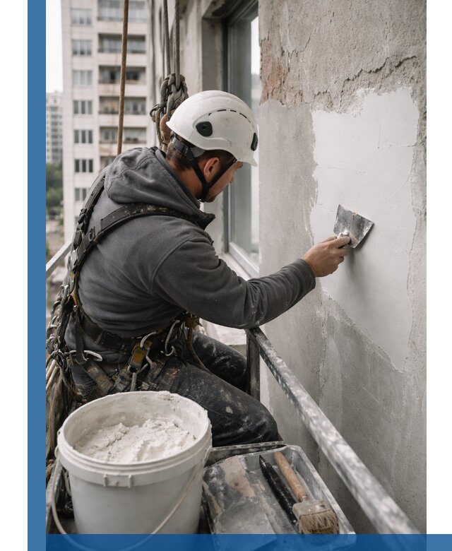 Шпаклевка фасадов на высоте с промальпинистами в Перми