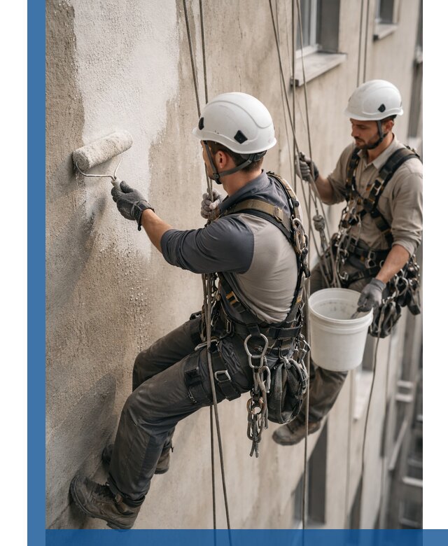 Грунтовка фасада на высоте в Перми промышленными альпинистами