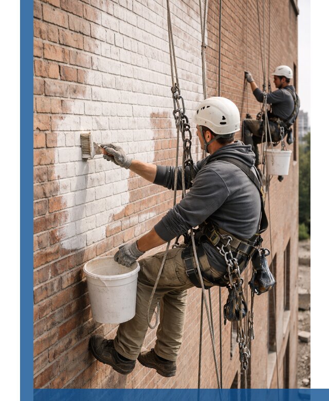 Покраска кирпичного фасада с доступным альпинистским сервисом в Перми