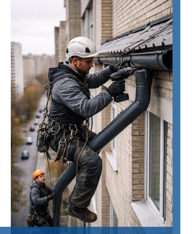 Монтаж водосточной системы на здании в Перми от 5356 р. | ВЫСОТНИК-Прм