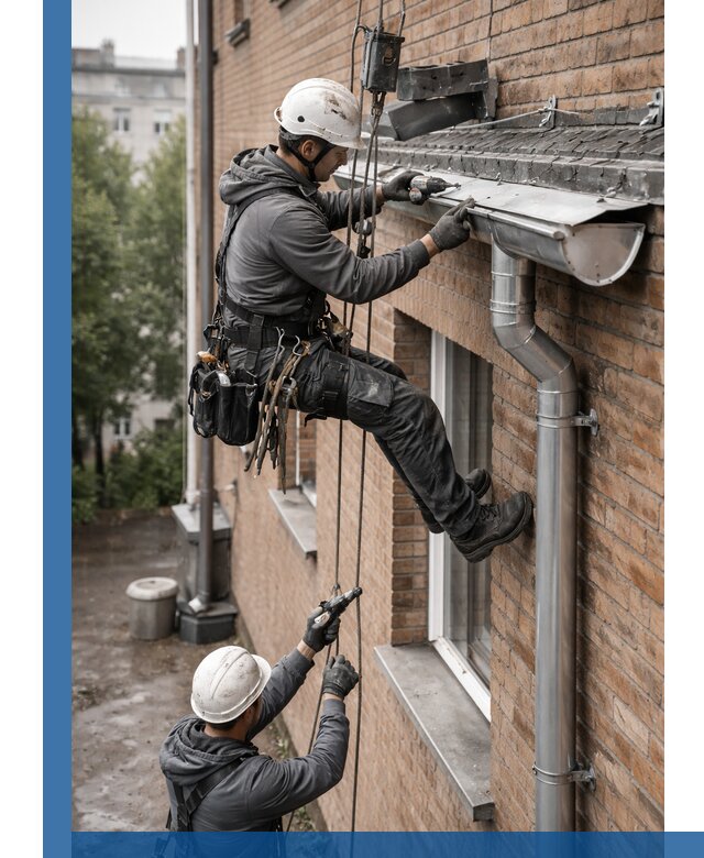 Монтаж водосточной системы на здании в Перми под ключ