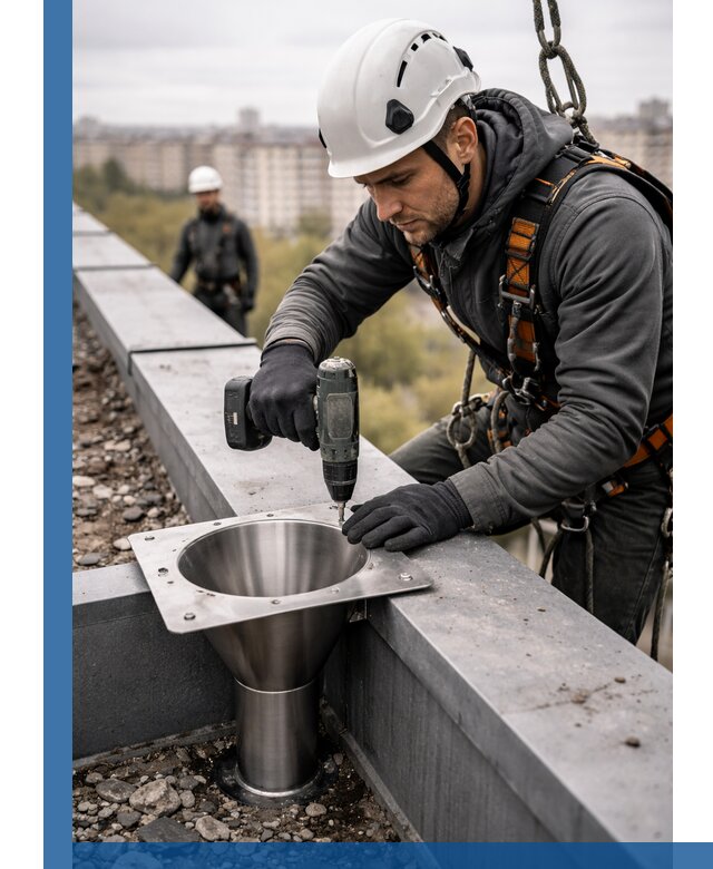 Монтаж водосточных воронок в Перми для промышленных зданий