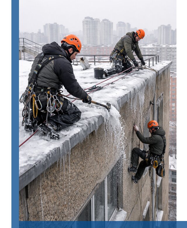 Удаление наледи с кровли в Перми промышленными альпинистами