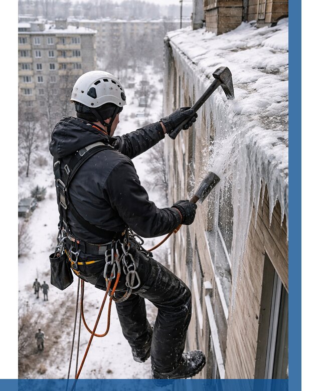 Сбивание сосулек с крыши в Перми по цене от 4820 р. | ВЫСОТНИК-Прм