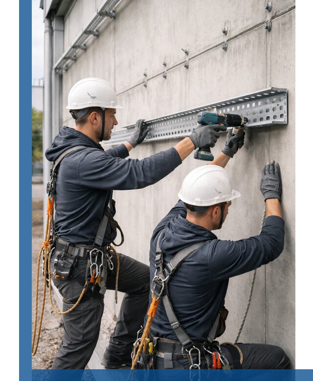 Монтаж кабельных лотков на фасаде зданий в Перми с гарантией