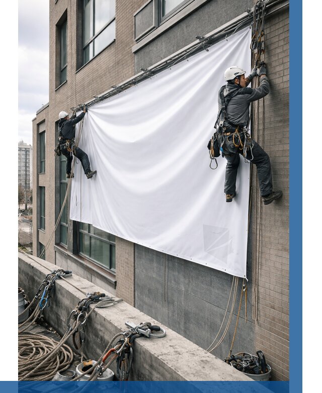 Монтаж баннеров на фасаде в Перми от 696 р. заказать ВЫСОТНИК-Прм