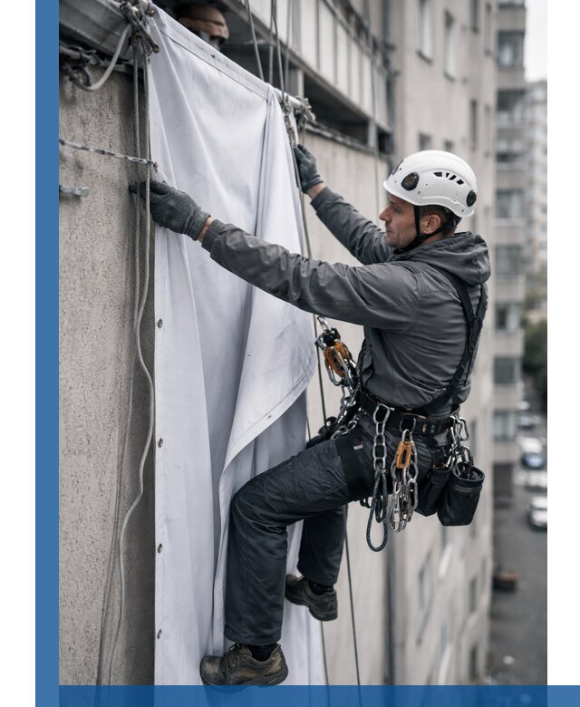Замена баннерного полотна промышленными альпинистами в Перми