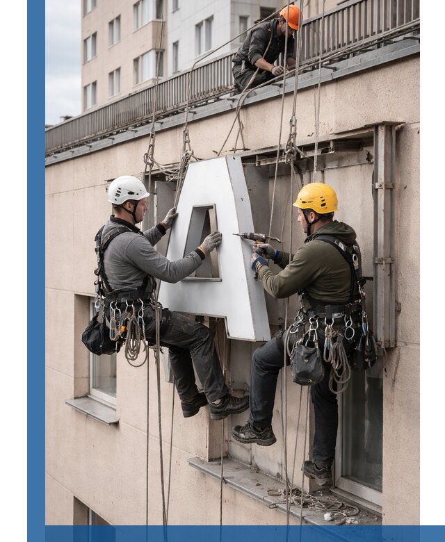Ремонт и восстановление наружных вывесок на высоте в Перми