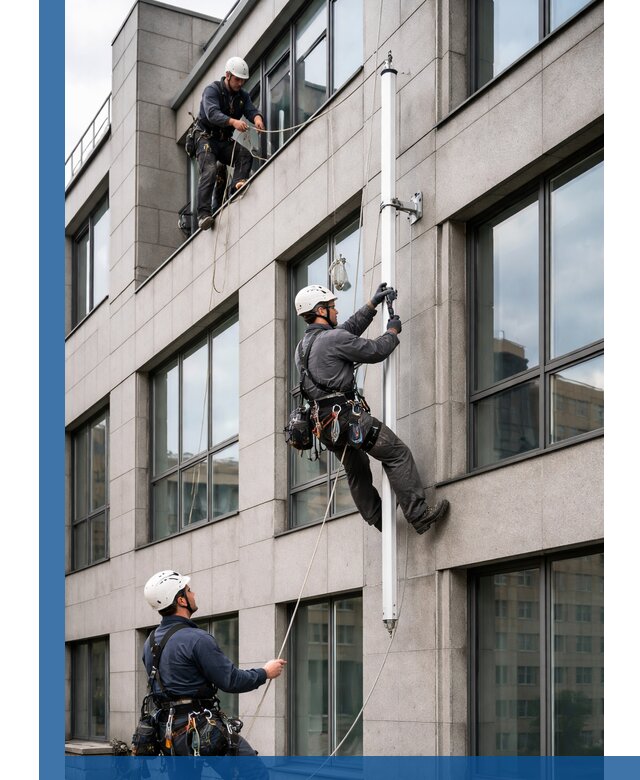 Монтаж флагштока на фасаде здания с креплением и герметикой в Перми