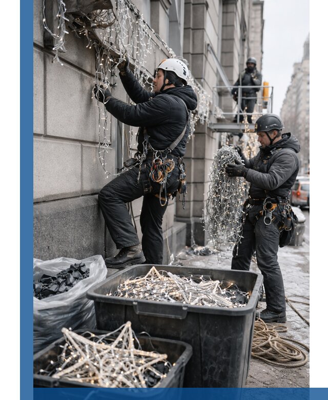 Демонтаж новогоднего оформления и гирлянд в Перми