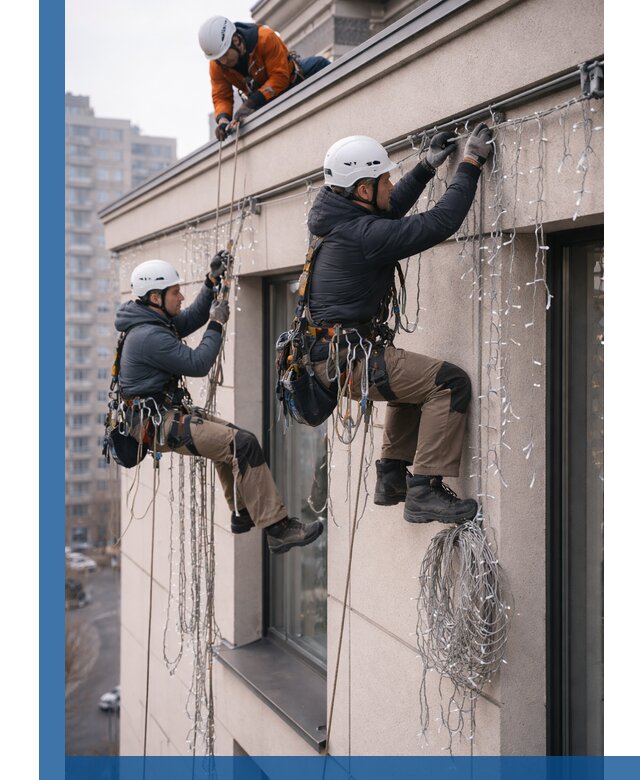 Монтаж праздничных гирлянд на фасаде в Перми для зданий