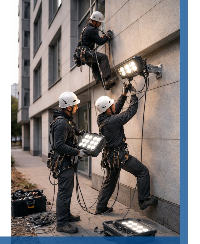 Монтаж прожекторов на фасаде в Перми от 8033 р. | ВЫСОТНИК-Прм