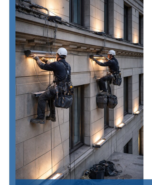 Монтаж архитектурной подсветки фасадов зданий в Перми