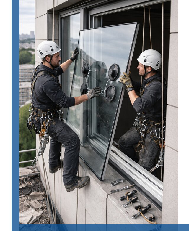Замена стеклопакетов на высоте с промышленными альпинистами в Перми