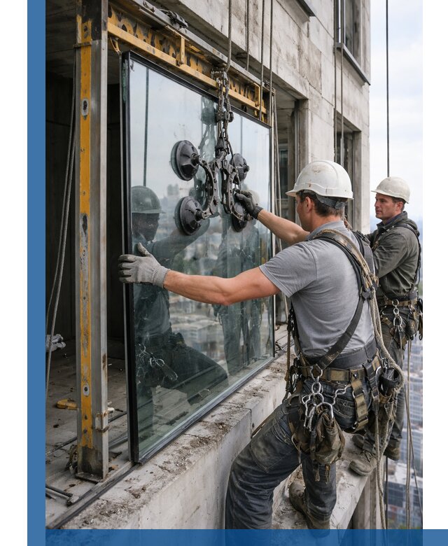 Монтаж стеклопакетов на высоте в Перми с промышленным альпинизмом