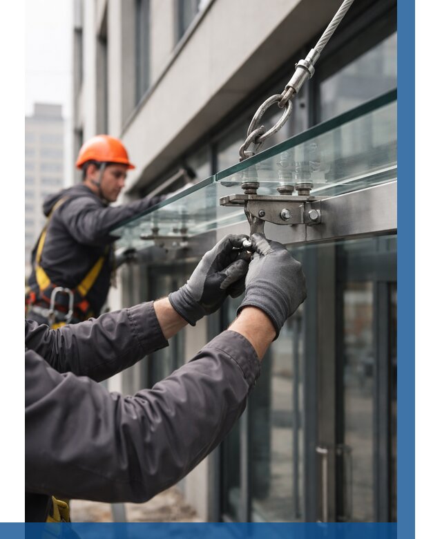 Монтаж стеклянных козырьков в Перми от 9104 р. | ВЫСОТНИК-Прм