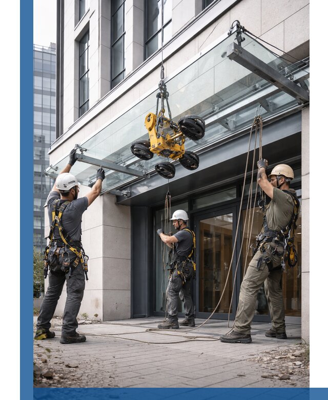 Монтаж стеклянных козырьков под ключ в Перми для зданий