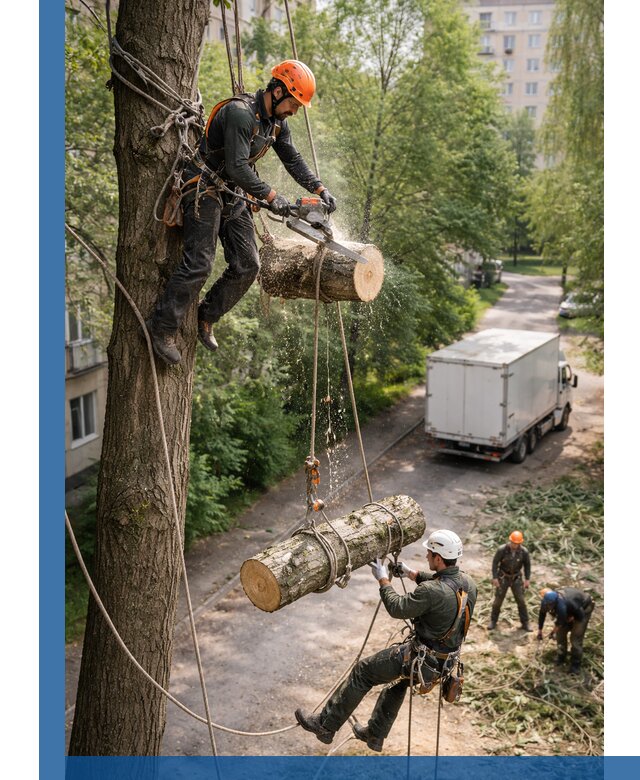Спил деревьев альпинистами в Перми, безопасно и без повреждений