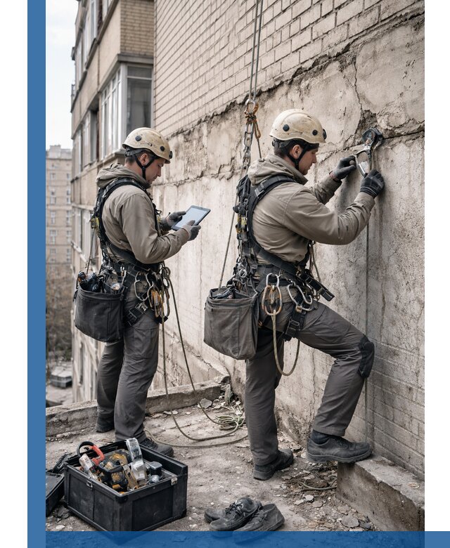 Обследование фасада промышленными альпинистами в Перми