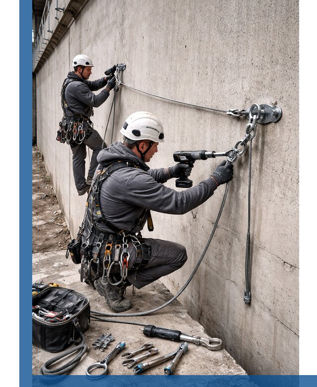 Монтаж анкерных линий высотной безопасности в Перми